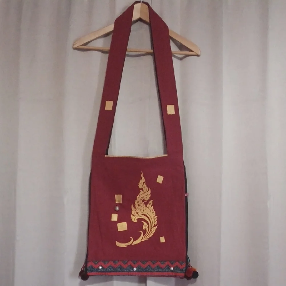 Boho Burgundy Flame Motif Textile Shoulder Bag, Festival